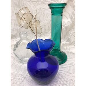 Vintage Glass Vase Set: Cobalt, Teal, and Clear - Wedding Centerpiece